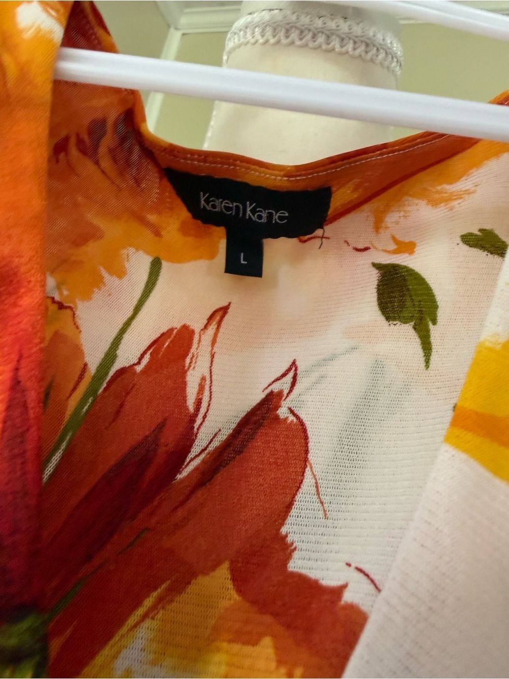 Karen Kane Floral Orange Sleeveless Blouse Tank Top Draped Waist Fairycore Work - Picture 6 of 6